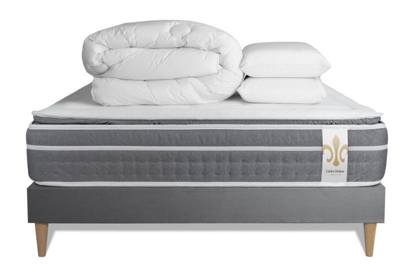 Pack lit complet 160x200 cm - Matelas + Sommier Gris (en kit) + 2 oreillers + Couette - Trente PLUS