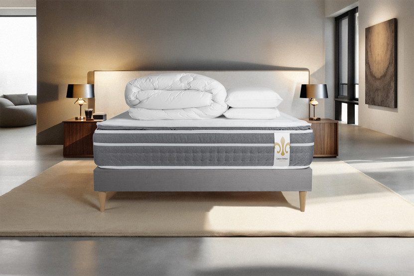 Pack lit complet 140x190 cm - Matelas + Sommier Gris + 2 oreillers + Couette - Trente PLUS