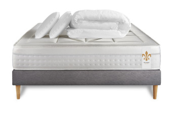 Pack lit complet 160x200 cm - Matelas + Sommier Gris + 2 oreillers + Couette - Vingt-Huit