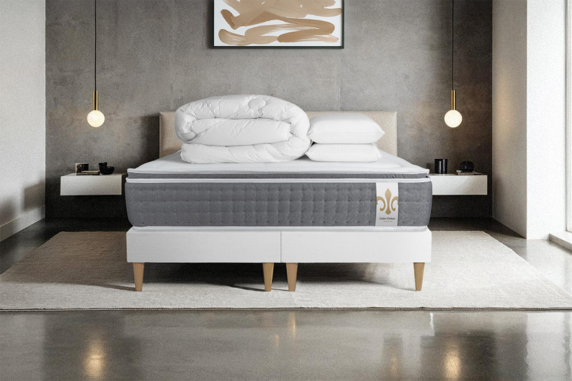 Pack lit complet 200x200 cm - Matelas + 2 Sommiers Blancs + 2 oreillers + Couette - Vingt-Six PLUS