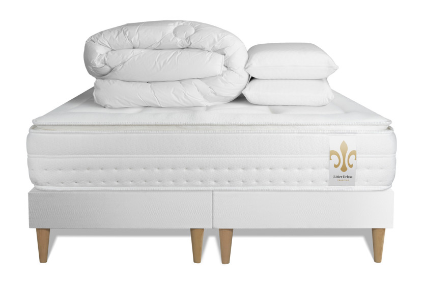 Pack lit complet 160x200 cm - Matelas + 2 Sommiers Blancs + 2 oreillers + Couette - Vingt-Huit PLUS