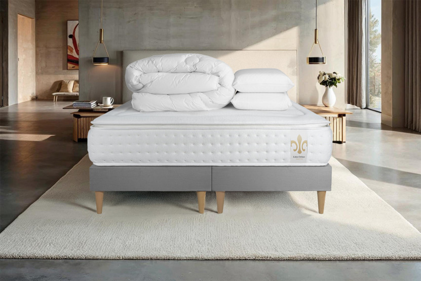 Pack lit complet 160x200 cm - Matelas + 2 Sommiers Gris + 2 oreillers + Couette - Vingt-Quatre PLUS