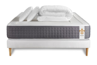 Pack lit complet 160x200 cm - Matelas + Sommier Blanc + 2 oreillers + Couette - Vingt-Six