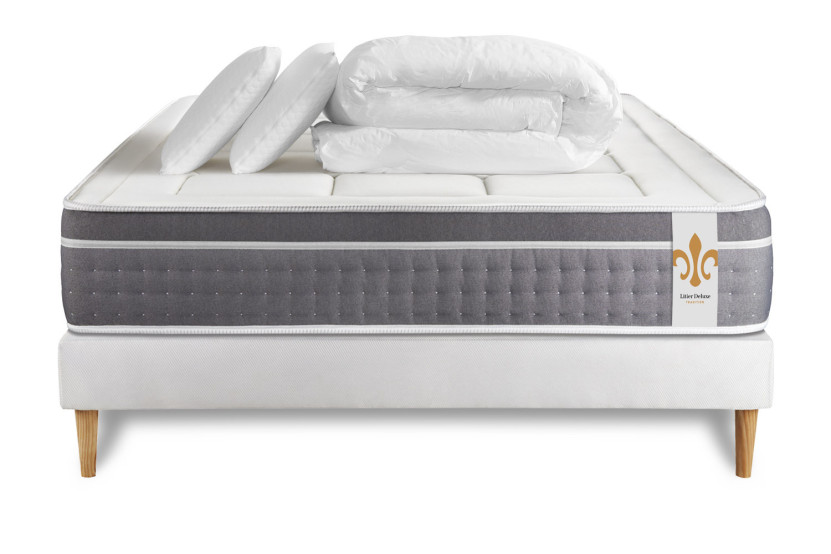 Pack lit complet 140x190 cm - Matelas + Sommier Blanc + 2 oreillers + Couette - Trente