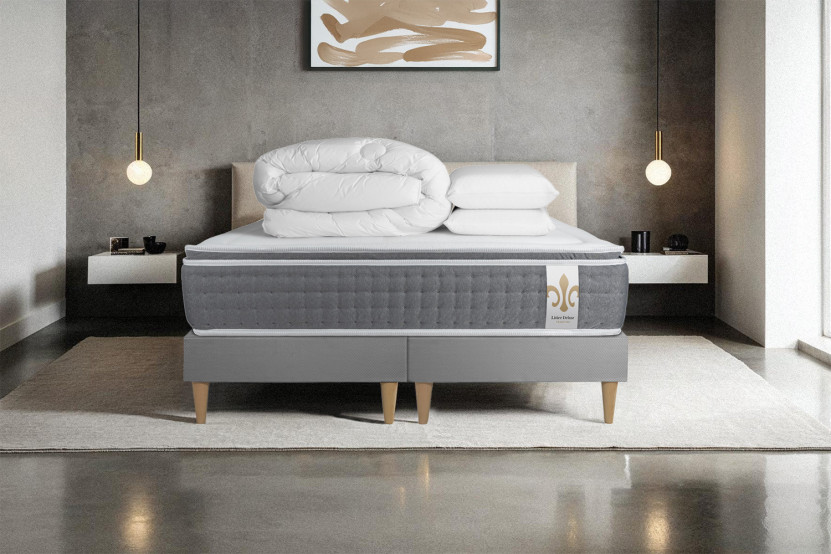 Pack lit complet 160x200 cm - Matelas + 2 Sommiers Gris + 2 oreillers + Couette - Vingt-Six PLUS