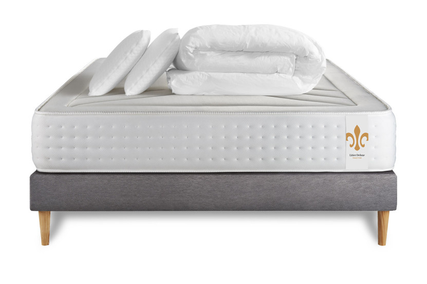 Pack lit complet 140x200 cm - Matelas + Sommier Gris (en kit) + 2 oreillers + Couette - Vingt-Quatre