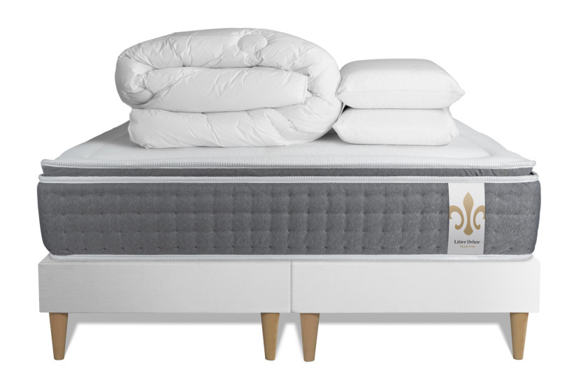 Pack lit complet 160x200 cm - Matelas + 2 Sommiers Blancs + 2 oreillers + Couette - Vingt-Six PLUS
