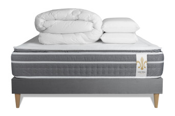 Pack lit complet 140x200 cm - Matelas + Sommier Gris + 2 oreillers + Couette - Trente PLUS