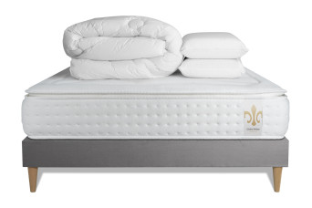 Pack lit complet 140x190 cm - Matelas + Sommier Gris + 2 oreillers + Couette - Vingt-Quatre PLUS