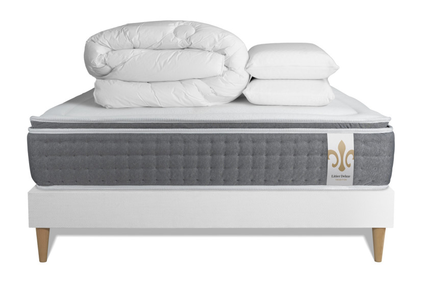 Pack lit complet 140x200 cm - Matelas + Sommier Blanc + 2 oreillers + Couette - Vingt-Six PLUS