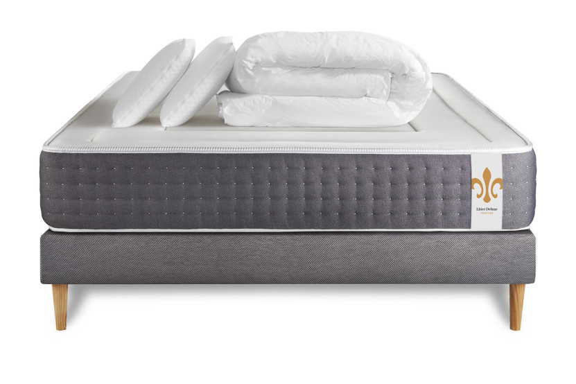Pack lit complet 160x200 cm - Matelas + Sommier Gris + 2 oreillers + Couette - Vingt-Six