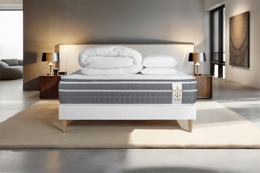 Pack lit complet 160x200 cm - Matelas + Sommier Blanc + 2 oreillers + Couette - Trente PLUS