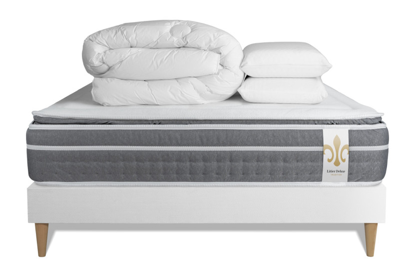Pack lit complet 140x190 cm - Matelas + Sommier Blanc (en kit) + 2 oreillers + Couette - Trente PLUS