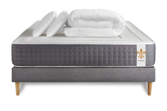 Pack lit complet 140x190 cm - Matelas + Sommier Gris (en kit) + 2 oreillers + Couette - Vingt-Six