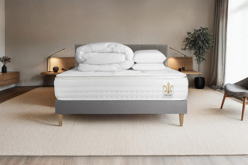Pack lit complet 140x190 cm - Matelas + Sommier Gris (en kit) + 2 oreillers + Couette - Vingt-Huit PLUS