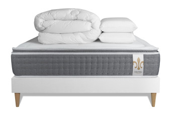 Pack lit complet 160x200 cm - Matelas + Sommier Blanc + 2 oreillers + Couette - Vingt-Six PLUS