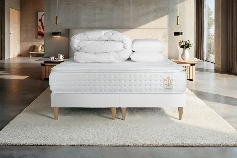 Pack lit complet 200x200 cm - Matelas + 2 Sommiers Blancs + 2 oreillers + Couette - Vingt-Quatre PLUS