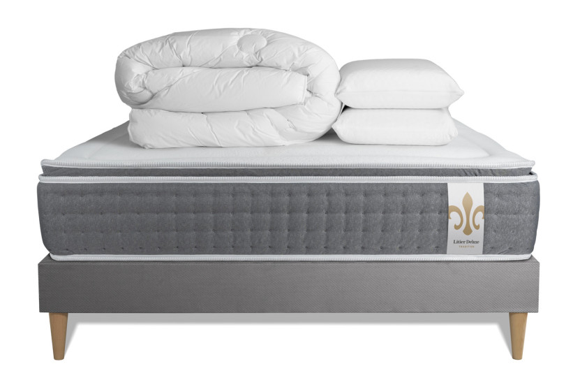 Pack lit complet 140x190 cm - Matelas + Sommier Gris (en kit) + 2 oreillers + Couette - Vingt-Six PLUS