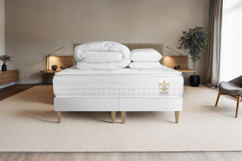 Pack lit complet 180x200 cm - Matelas + 2 Sommiers Blancs + 2 oreillers + Couette - Vingt-Huit PLUS