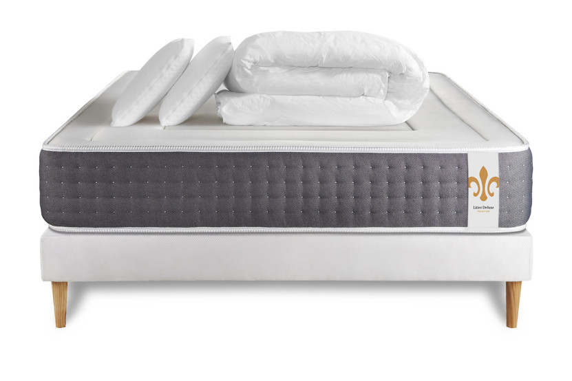 Pack lit complet 180x200 cm - Matelas + Sommier Blanc (en kit) + 2 oreillers + Couette - Vingt-Six