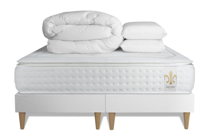 Pack lit complet 200x200 cm - Matelas + 2 Sommiers Blancs + 2 oreillers + Couette - Vingt-Quatre PLUS