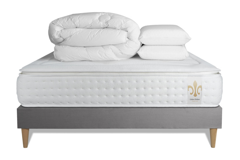 Pack lit complet 200x200 cm - Matelas + Sommier Gris (en kit) + 2 oreillers + Couette - Vingt-Quatre PLUS
