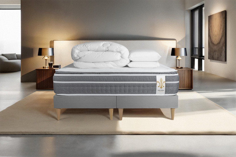 Pack lit complet 160x200 cm - Matelas + 2 Sommiers Gris + 2 oreillers + Couette - Trente PLUS