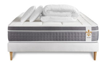 Pack lit complet 140x190 cm - Matelas + Sommier Blanc (en kit) + 2 oreillers + Couette - Trente