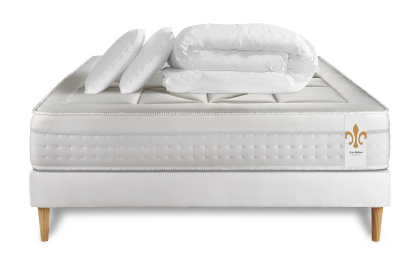 Pack lit complet 140x190 cm - Matelas + Sommier Blanc (en kit) + 2 oreillers + Couette - Vingt-Huit