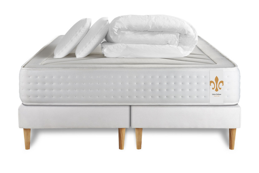Pack lit complet 200x200 cm - Matelas + 2 Sommiers Blancs + 2 oreillers + Couette - Vingt-Quatre