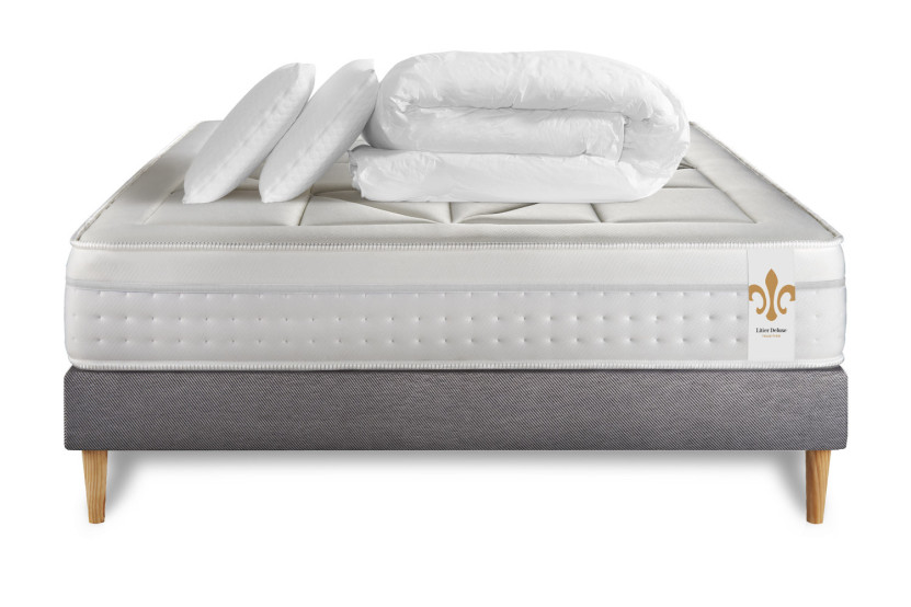 Pack lit complet 140x190 cm - Matelas + Sommier Gris + 2 oreillers + Couette - Vingt-Huit