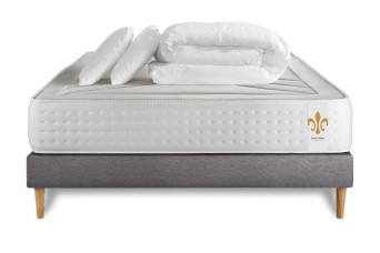 Pack lit complet 180x200 cm - Matelas + Sommier Gris (en kit) + 2 oreillers + Couette - Vingt-Quatre