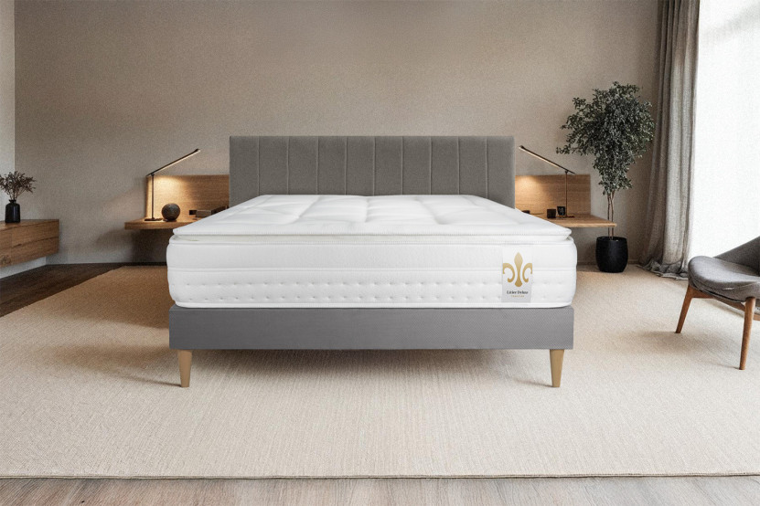 Pack lit complet 140x200 cm - Matelas + Sommier Gris + 2 oreillers + Couette - Vingt-Huit PLUS