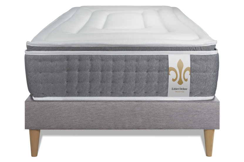 Ensemble Matelas Sommier 90x200 cm - Sommier Gris (déjà monté) - Vingt-Six PLUS