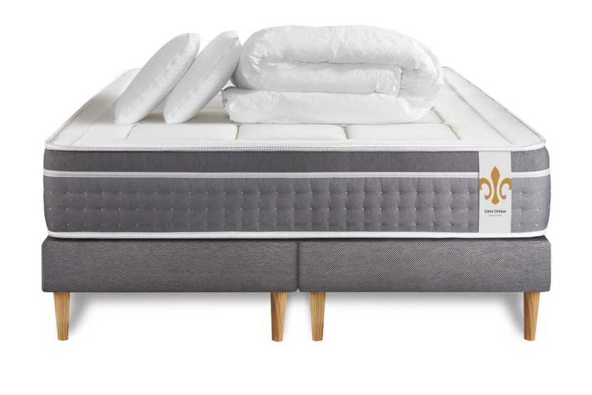 Pack lit complet 200x200 cm - Matelas + 2 Sommiers Gris + 2 oreillers + Couette - Trente