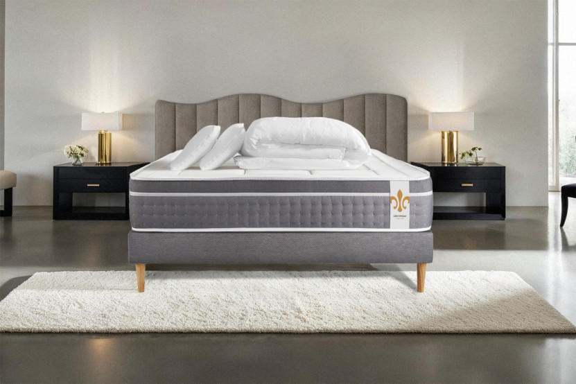 Pack lit complet 160x200 cm - Matelas + Sommier Gris + 2 oreillers + Couette - Trente