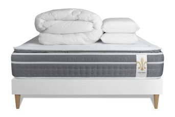 Pack lit complet 140x200 cm - Matelas + Sommier Blanc + 2 oreillers + Couette - Trente PLUS