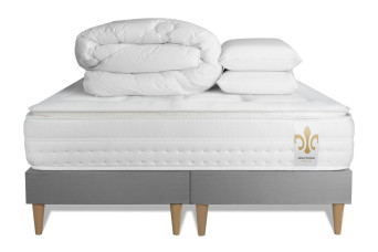 Pack lit complet 160x200 cm - Matelas + 2 Sommiers Gris + 2 oreillers + Couette - Vingt-Huit PLUS