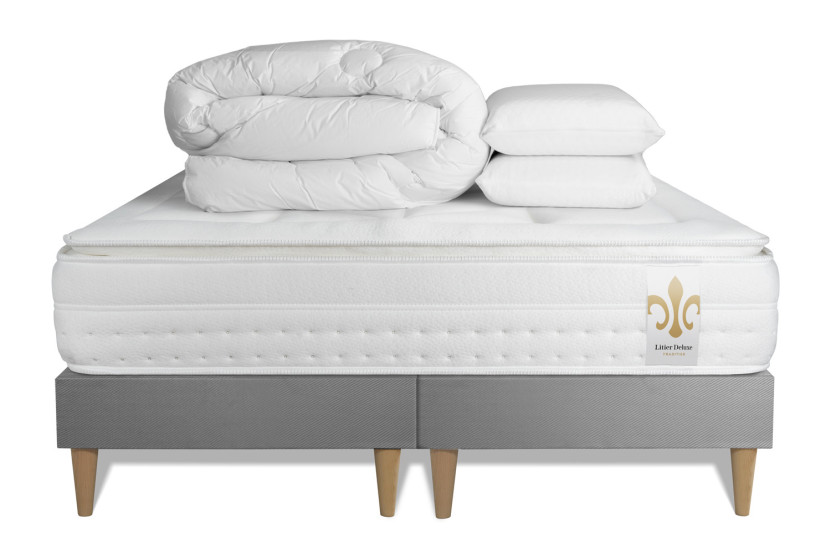 Pack lit complet 160x200 cm - Matelas + 2 Sommiers Gris + 2 oreillers + Couette - Vingt-Huit PLUS