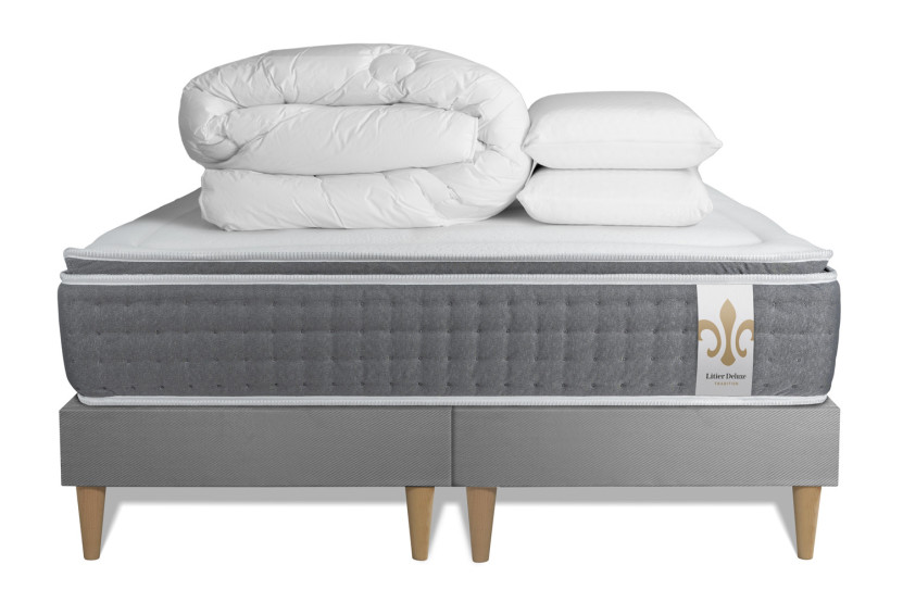 Pack lit complet 200x200 cm - Matelas + 2 Sommiers Gris + 2 oreillers + Couette - Vingt-Six PLUS