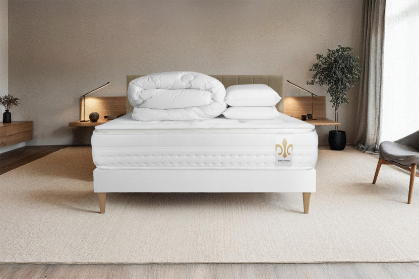 Pack lit complet 160x200 cm - Matelas + Sommier Blanc (en kit) + 2 oreillers + Couette - Vingt-Huit PLUS