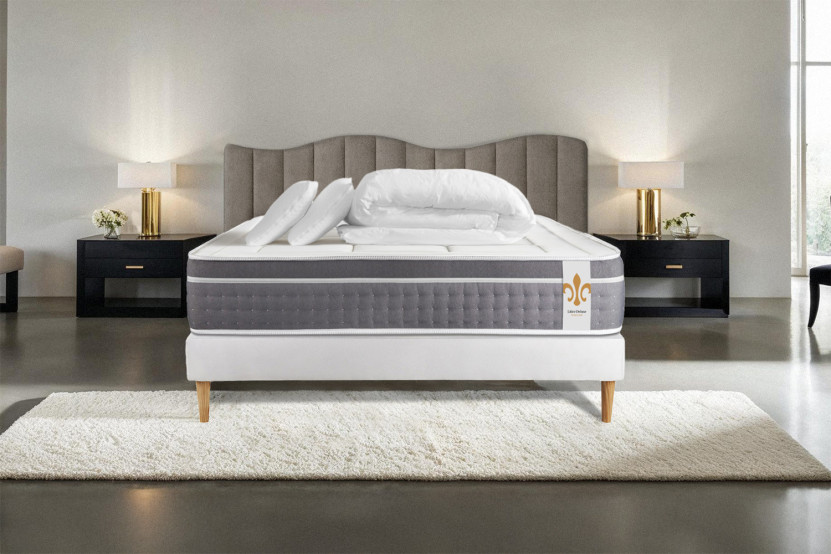 Pack lit complet 140x200 cm - Matelas + Sommier Blanc (en kit) + 2 oreillers + Couette - Trente