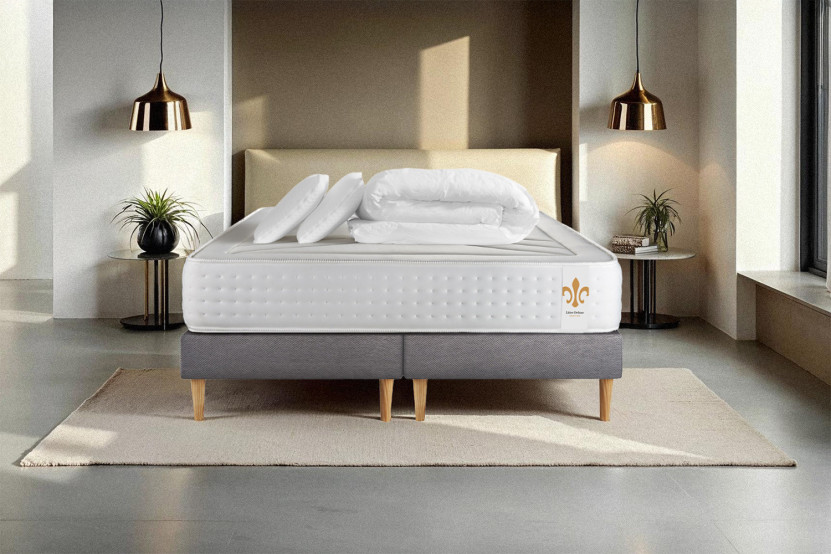 Pack lit complet 200x200 cm - Matelas + 2 Sommiers Gris + 2 oreillers + Couette - Vingt-Quatre