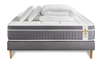 Pack lit complet 140x200 cm - Matelas + Sommier Gris + 2 oreillers + Couette - Trente