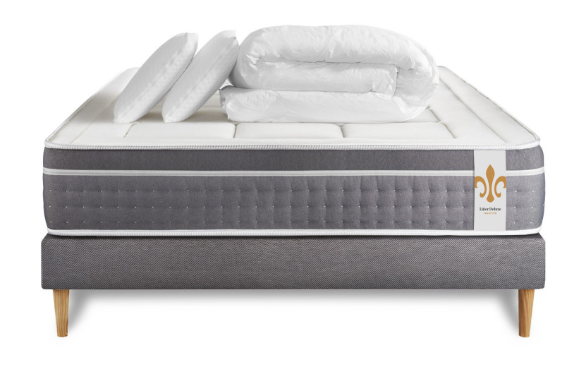Pack lit complet 140x200 cm - Matelas + Sommier Gris + 2 oreillers + Couette - Trente