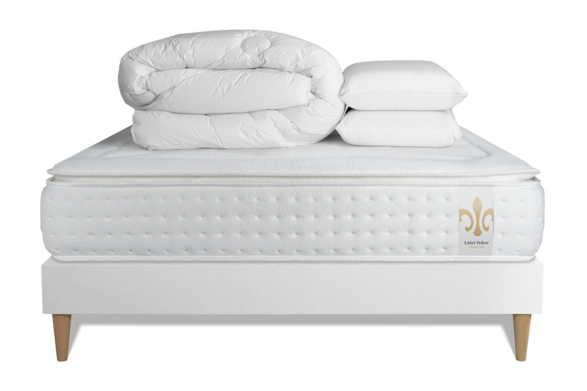 Pack lit complet 140x200 cm - Matelas + Sommier Blanc (en kit) + 2 oreillers + Couette - Vingt-Quatre PLUS