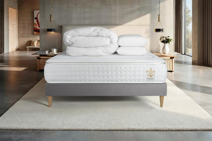 Pack lit complet 200x200 cm - Matelas + Sommier Gris (en kit) + 2 oreillers + Couette - Vingt-Quatre PLUS