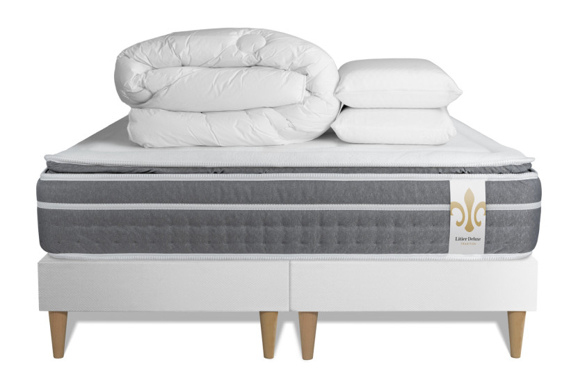 Pack lit complet 160x200 cm - Matelas + 2 Sommiers Blancs + 2 oreillers + Couette - Trente PLUS