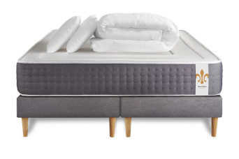 Pack lit complet 160x200 cm - Matelas + 2 Sommiers Gris + 2 oreillers + Couette - Vingt-Six