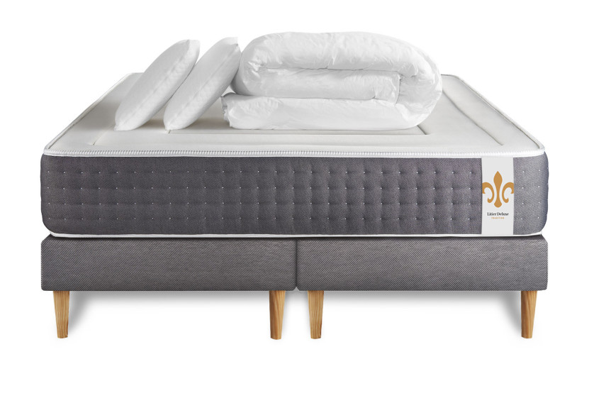Pack lit complet 160x200 cm - Matelas + 2 Sommiers Gris + 2 oreillers + Couette - Vingt-Six